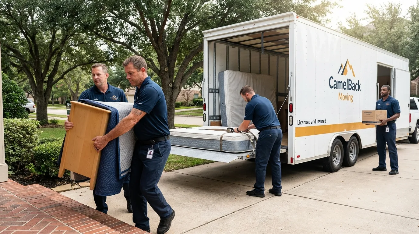Crew loading residential truck for cross-state move from Buckeye, AZ
